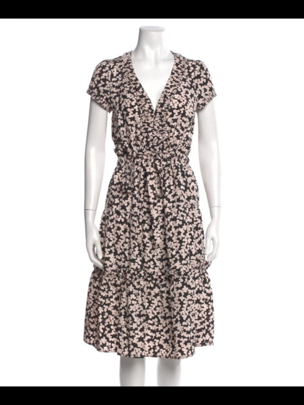 Marc Jacobs Black & Beige/Pink Floral Wrap-Style Midi Dress